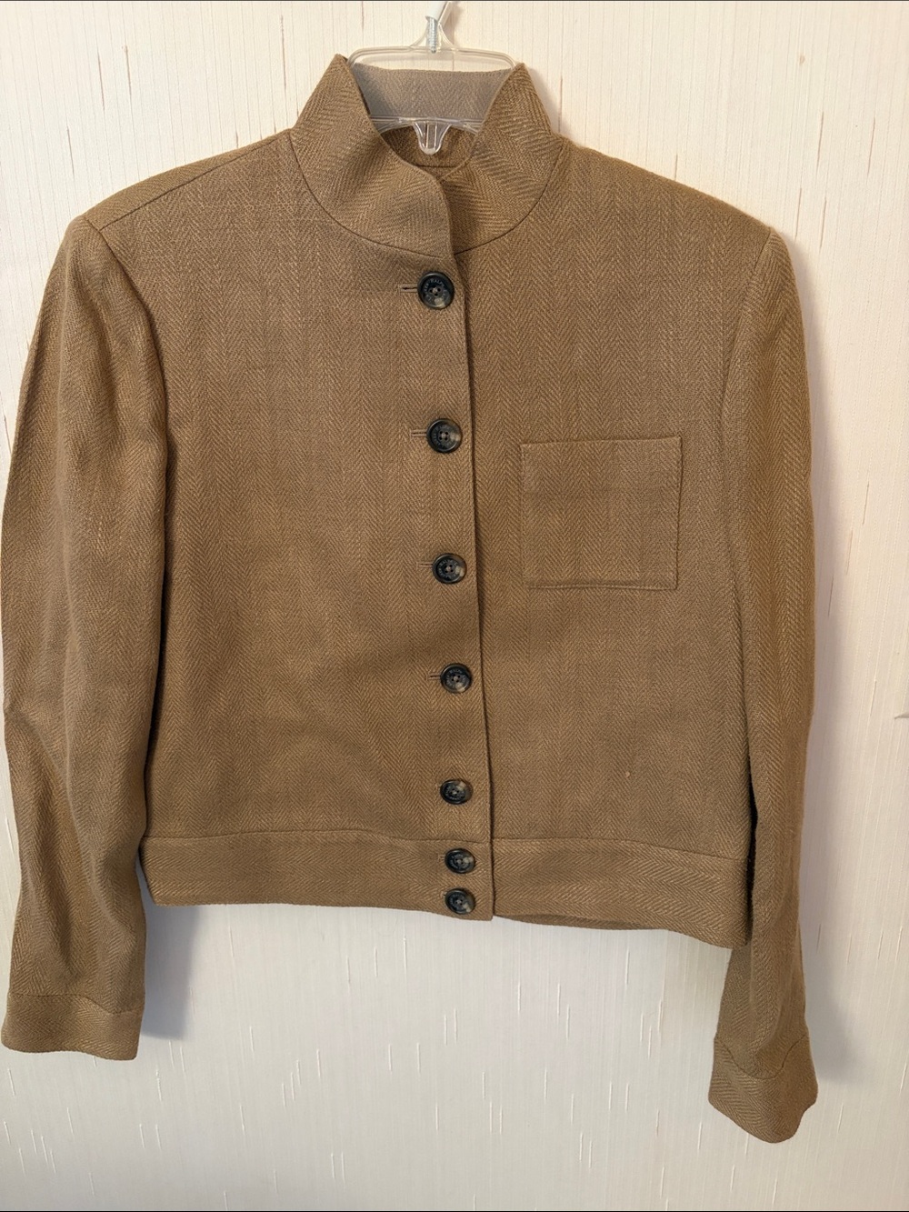 Lauren Ralph Lauren Tan Linen Herringbone Stand Collar Jacket